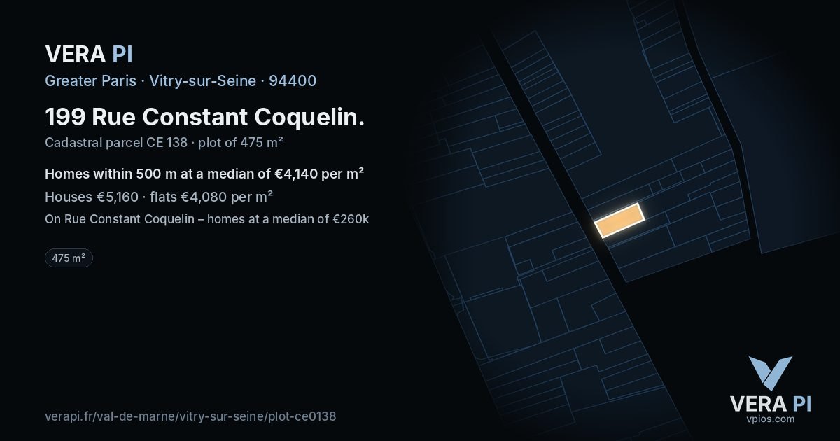 199 Rue Constant Coquelin, Vitry-sur-Seine at night – the plot lit, the parcels around coloured by the prices near them