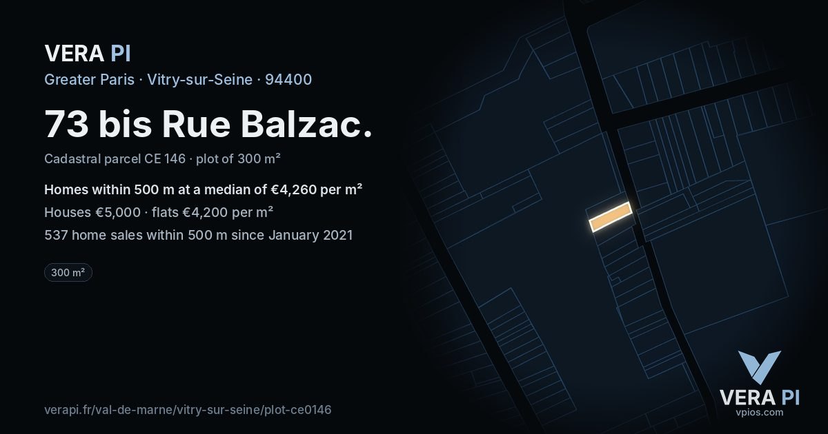 73 bis Rue Balzac, Vitry-sur-Seine at night – the plot lit, the parcels around coloured by the prices near them