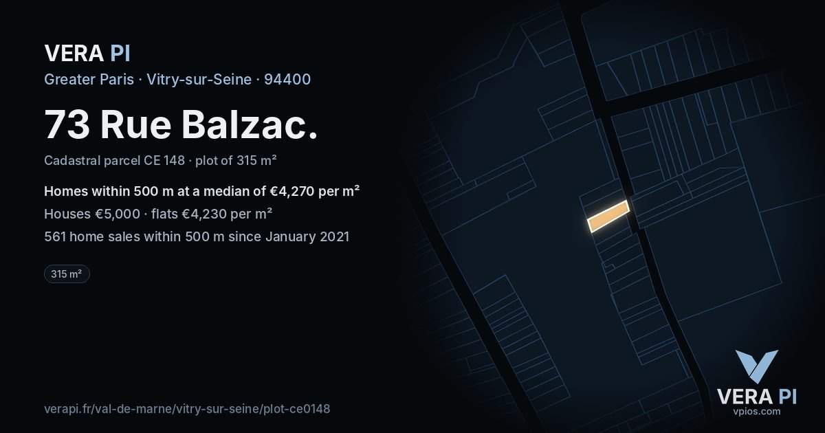 73 Rue Balzac, Vitry-sur-Seine at night – the plot lit, the parcels around coloured by the prices near them