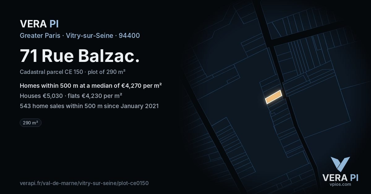 71 Rue Balzac, Vitry-sur-Seine at night – the plot lit, the parcels around coloured by the prices near them