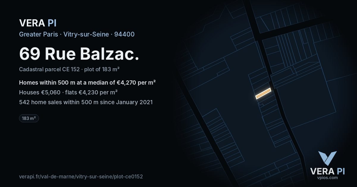69 Rue Balzac, Vitry-sur-Seine at night – the plot lit, the parcels around coloured by the prices near them