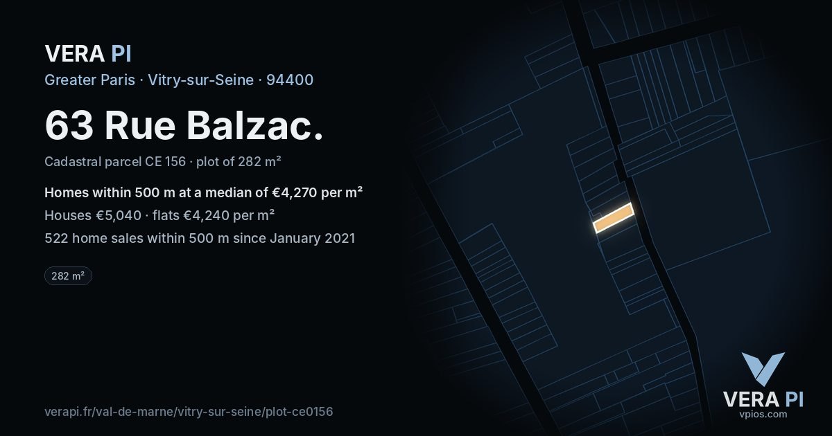 63 Rue Balzac, Vitry-sur-Seine at night – the plot lit, the parcels around coloured by the prices near them
