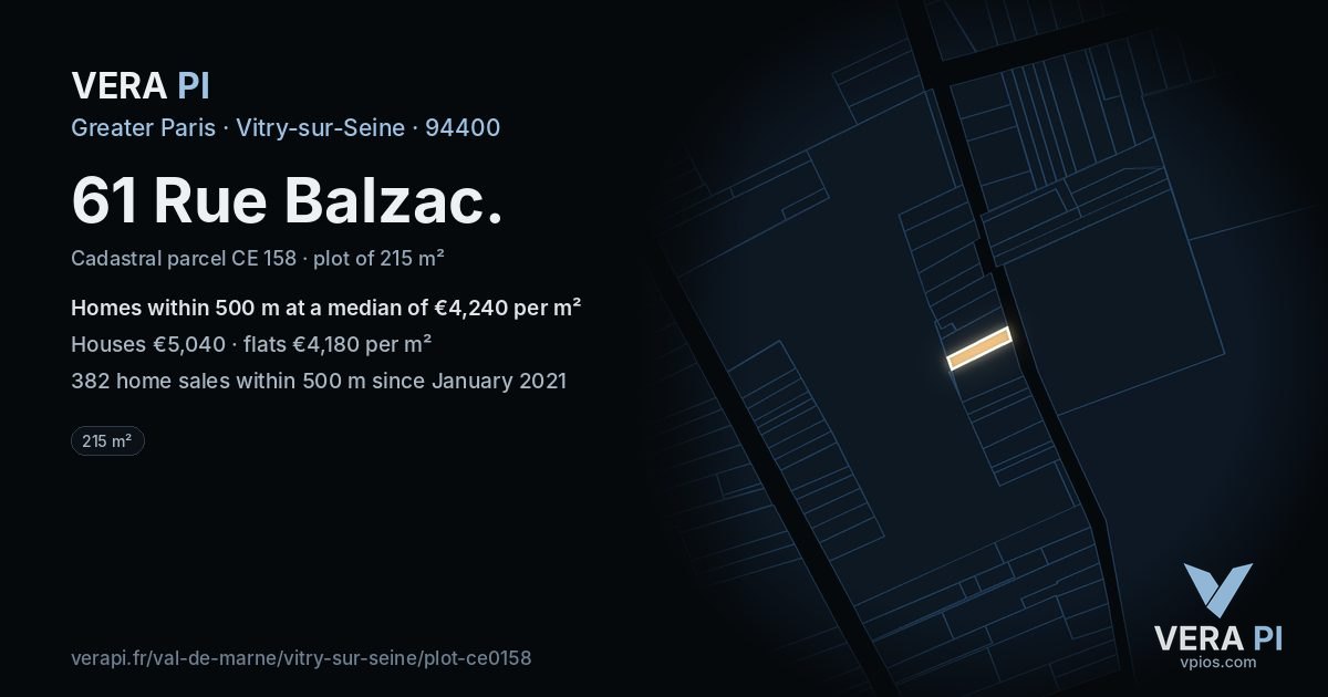 61 Rue Balzac, Vitry-sur-Seine at night – the plot lit, the parcels around coloured by the prices near them