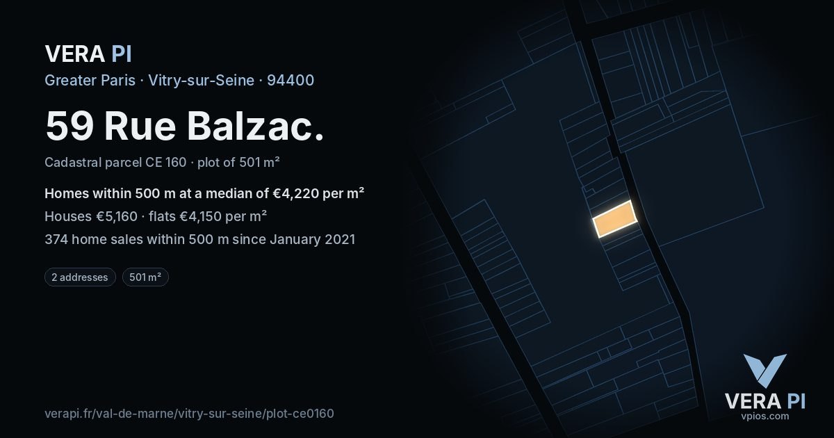 59 Rue Balzac, Vitry-sur-Seine at night – the plot lit, the parcels around coloured by the prices near them