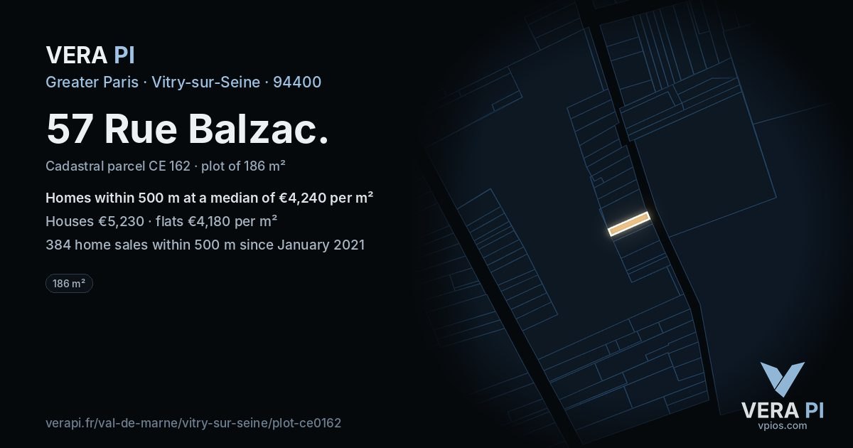 57 Rue Balzac, Vitry-sur-Seine at night – the plot lit, the parcels around coloured by the prices near them