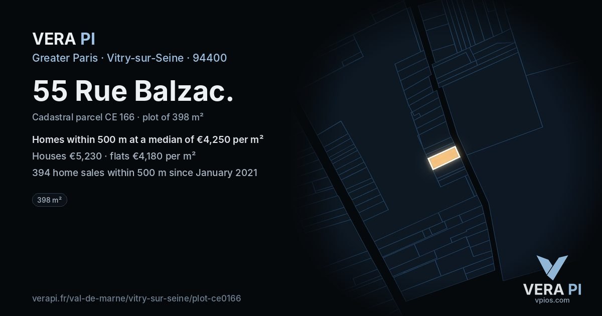 55 Rue Balzac, Vitry-sur-Seine at night – the plot lit, the parcels around coloured by the prices near them