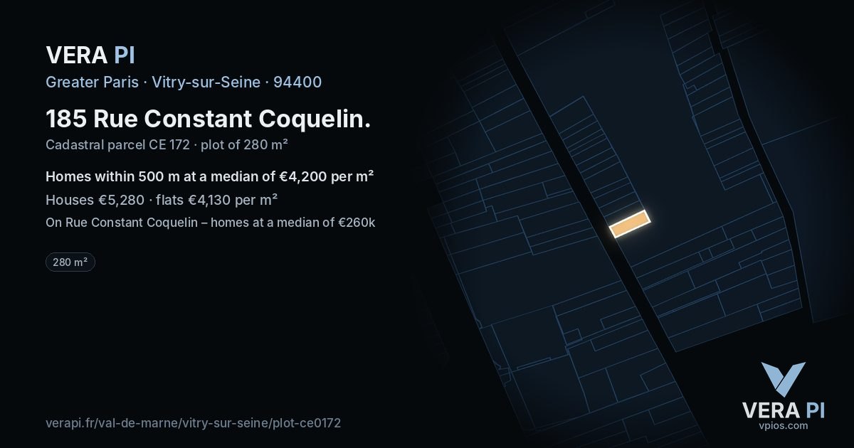 185 Rue Constant Coquelin, Vitry-sur-Seine at night – the plot lit, the parcels around coloured by the prices near them
