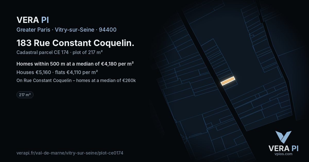 183 Rue Constant Coquelin, Vitry-sur-Seine at night – the plot lit, the parcels around coloured by the prices near them