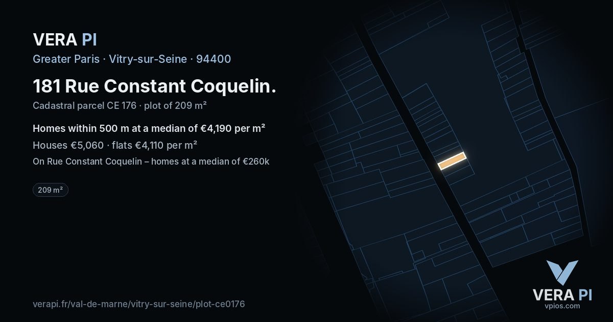 181 Rue Constant Coquelin, Vitry-sur-Seine at night – the plot lit, the parcels around coloured by the prices near them
