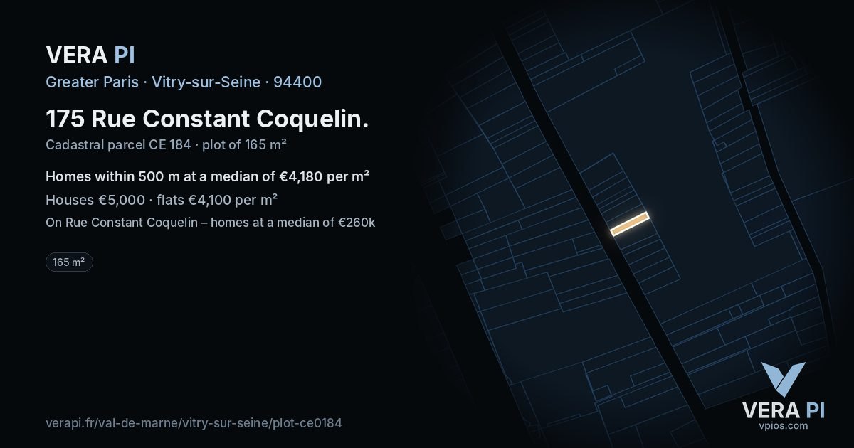 175 Rue Constant Coquelin, Vitry-sur-Seine at night – the plot lit, the parcels around coloured by the prices near them