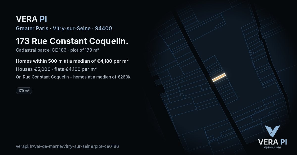 173 Rue Constant Coquelin, Vitry-sur-Seine at night – the plot lit, the parcels around coloured by the prices near them