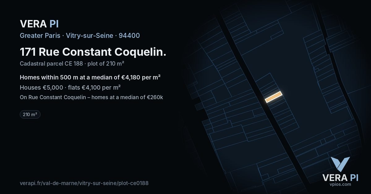 171 Rue Constant Coquelin, Vitry-sur-Seine at night – the plot lit, the parcels around coloured by the prices near them