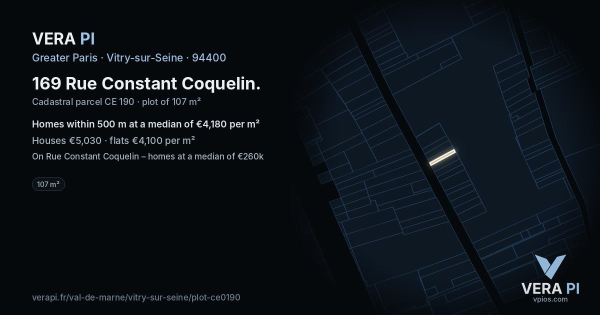 169 Rue Constant Coquelin, Vitry-sur-Seine at night – the plot lit, the parcels around coloured by the prices near them