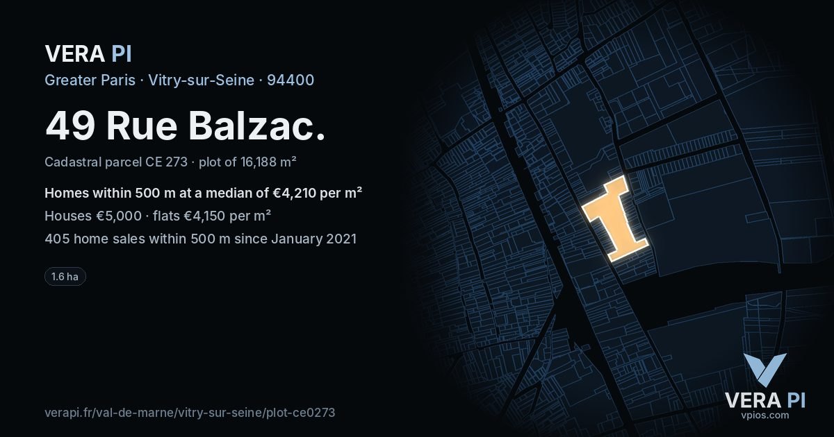 49 Rue Balzac, Vitry-sur-Seine at night – the plot lit, the parcels around coloured by the prices near them