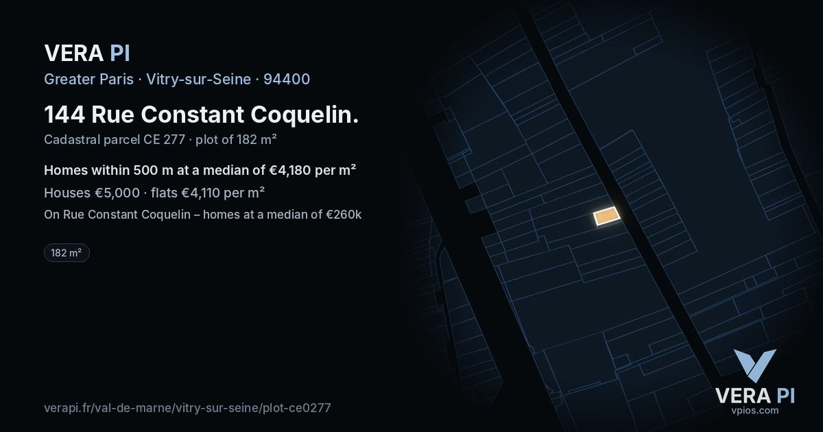 144 Rue Constant Coquelin, Vitry-sur-Seine at night – the plot lit, the parcels around coloured by the prices near them