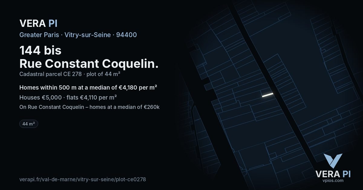 144 bis Rue Constant Coquelin, Vitry-sur-Seine at night – the plot lit, the parcels around coloured by the prices near them