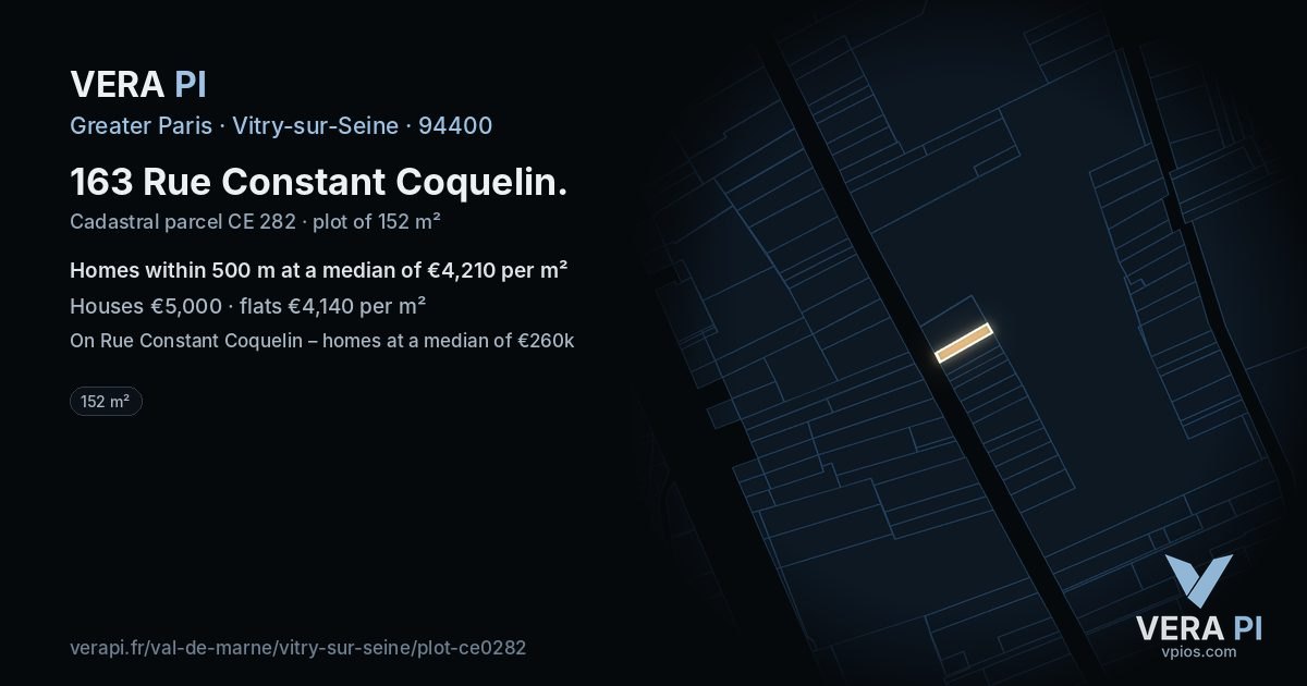 163 Rue Constant Coquelin, Vitry-sur-Seine at night – the plot lit, the parcels around coloured by the prices near them