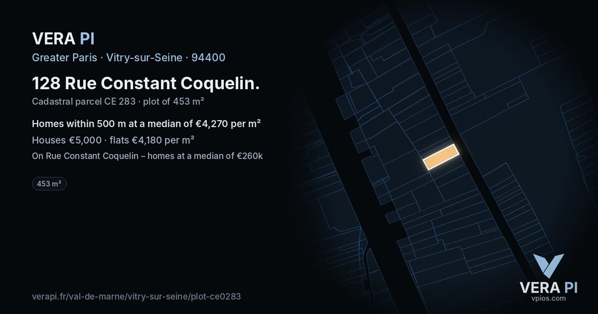 128 Rue Constant Coquelin, Vitry-sur-Seine at night – the plot lit, the parcels around coloured by the prices near them
