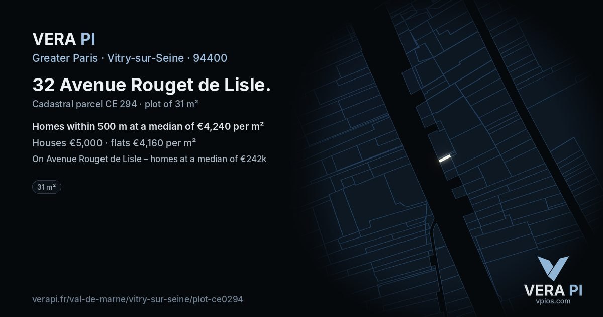 32 Avenue Rouget de Lisle, Vitry-sur-Seine at night – the plot lit, the parcels around coloured by the prices near them