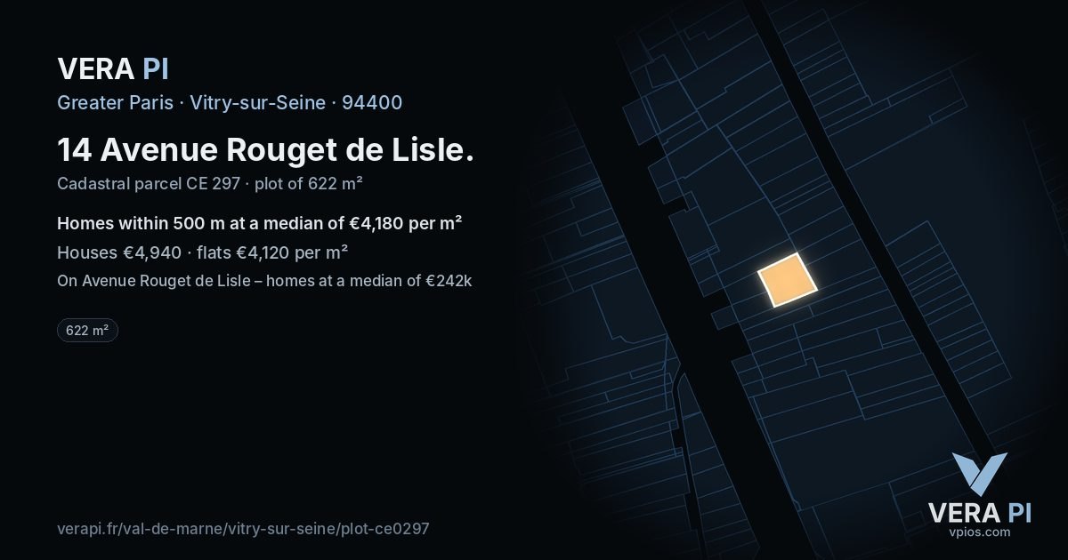14 Avenue Rouget de Lisle, Vitry-sur-Seine at night – the plot lit, the parcels around coloured by the prices near them