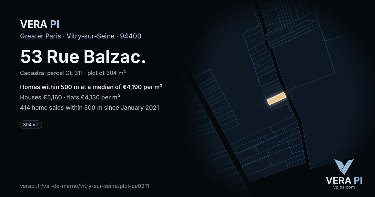 53 Rue Balzac, Vitry-sur-Seine at night – the plot lit, the parcels around coloured by the prices near them