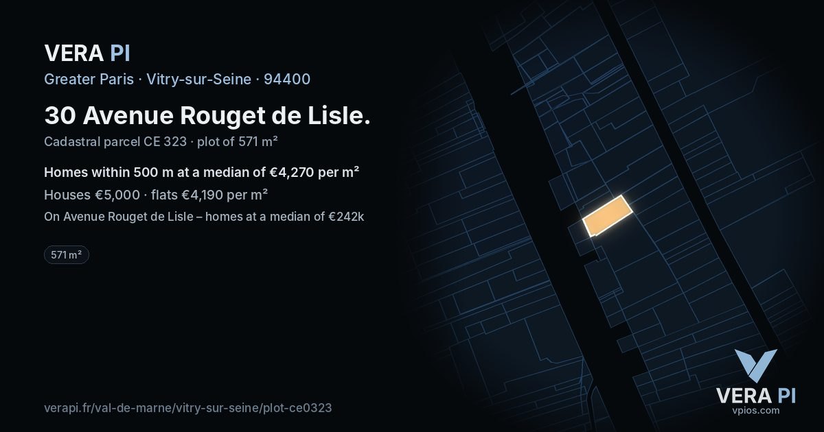 30 Avenue Rouget de Lisle, Vitry-sur-Seine at night – the plot lit, the parcels around coloured by the prices near them
