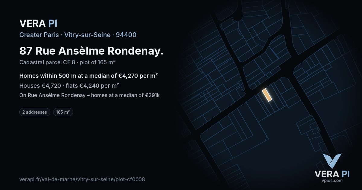 87 Rue Ansèlme Rondenay, Vitry-sur-Seine at night – the plot lit, the parcels around coloured by the prices near them