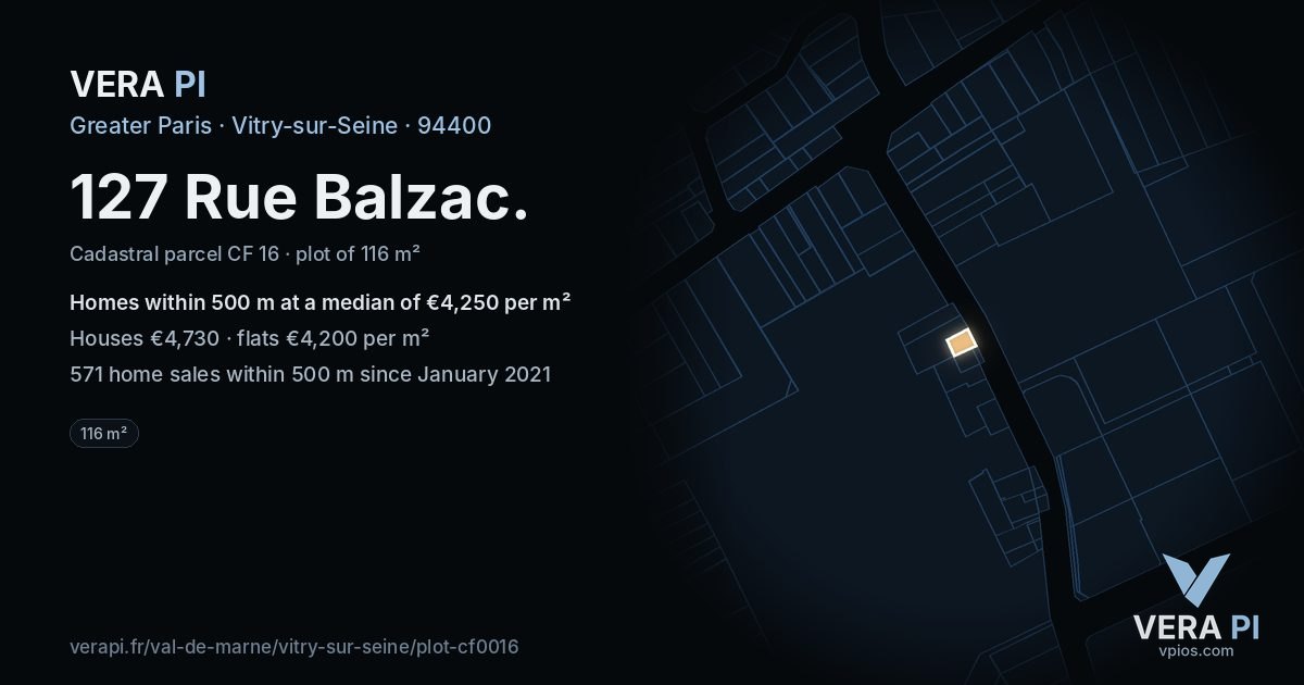127 Rue Balzac, Vitry-sur-Seine at night – the plot lit, the parcels around coloured by the prices near them