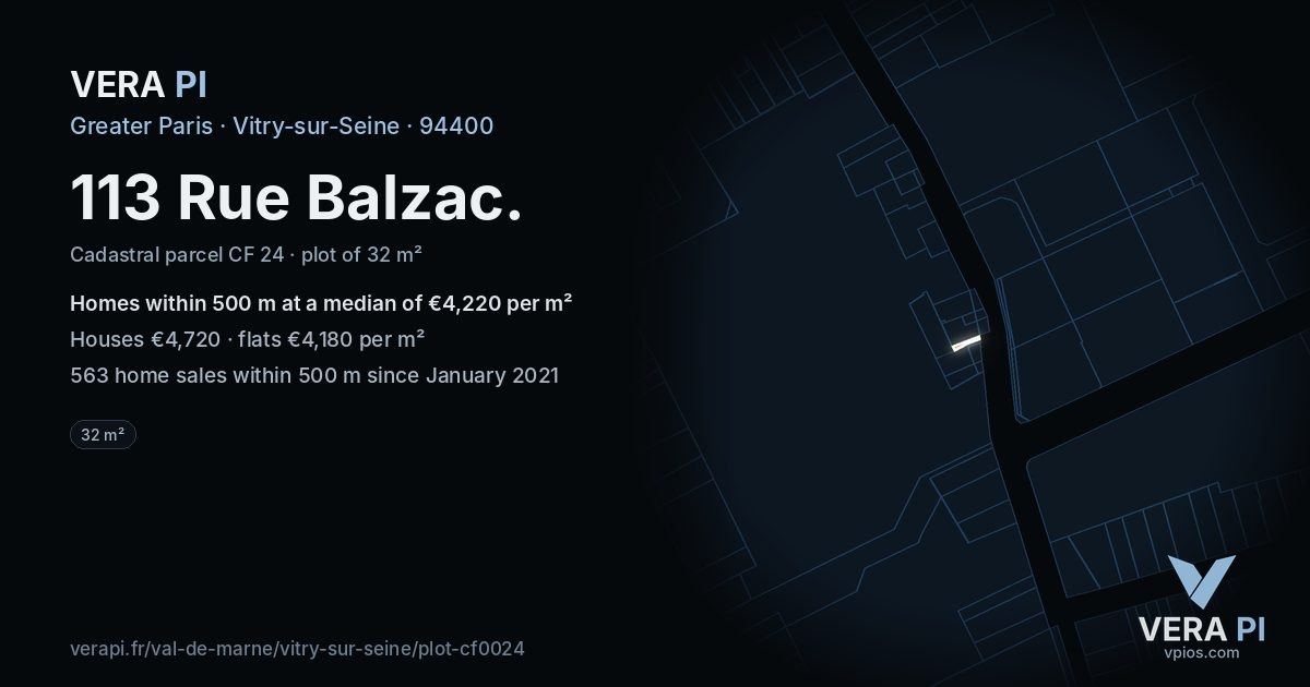 113 Rue Balzac, Vitry-sur-Seine at night – the plot lit, the parcels around coloured by the prices near them