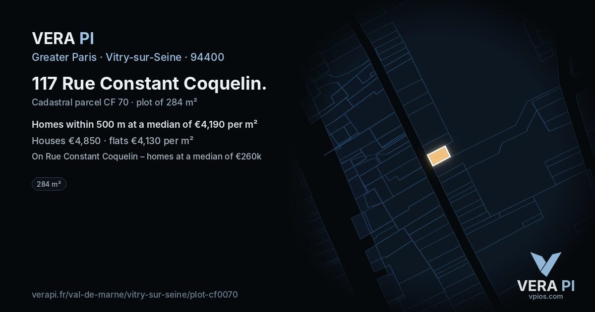 117 Rue Constant Coquelin, Vitry-sur-Seine at night – the plot lit, the parcels around coloured by the prices near them