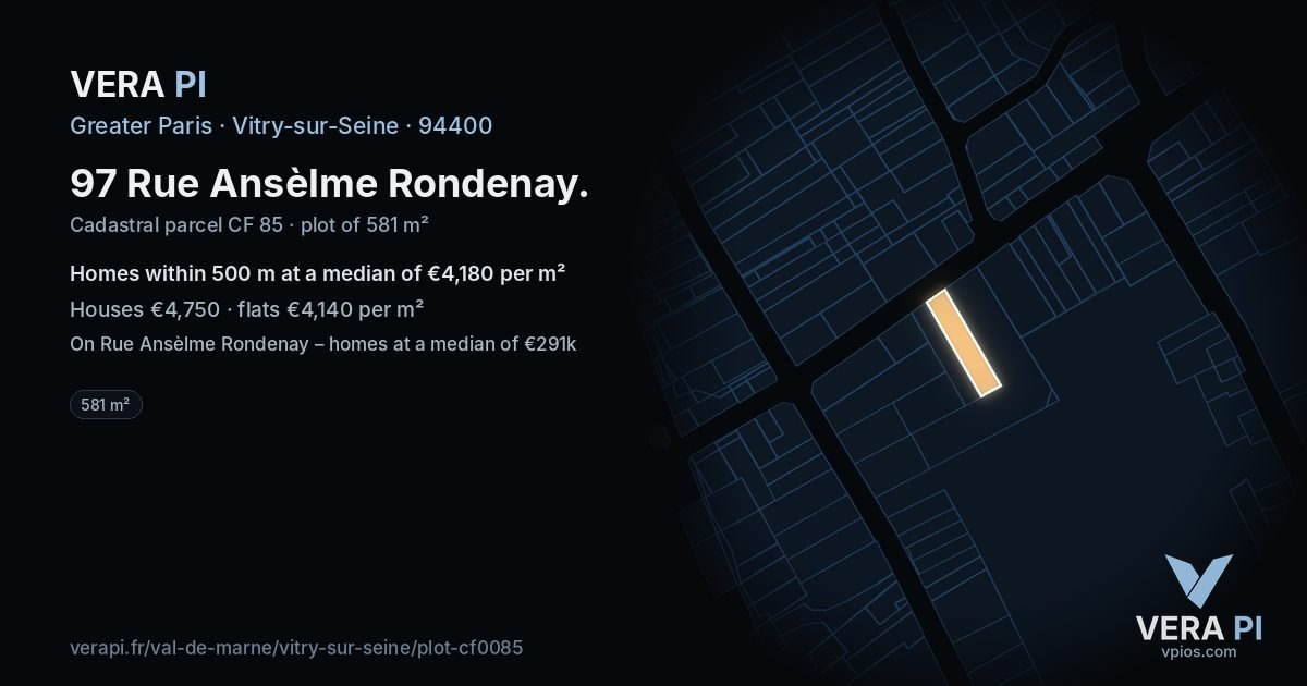 97 Rue Ansèlme Rondenay, Vitry-sur-Seine at night – the plot lit, the parcels around coloured by the prices near them