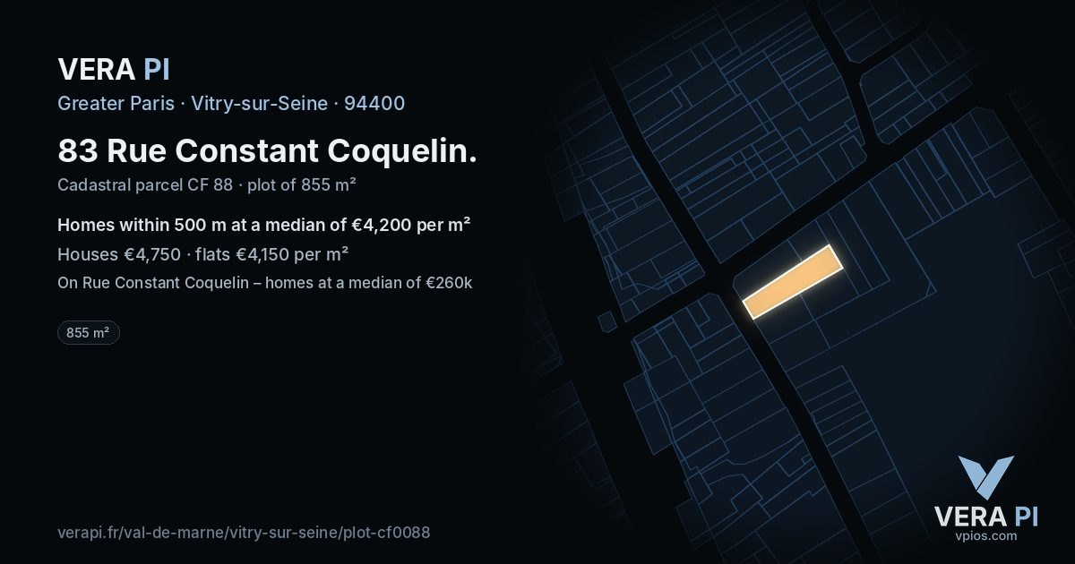 83 Rue Constant Coquelin, Vitry-sur-Seine at night – the plot lit, the parcels around coloured by the prices near them