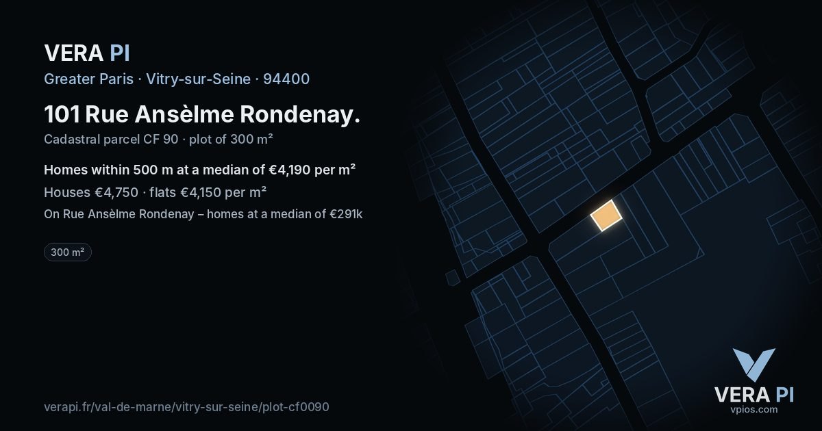 101 Rue Ansèlme Rondenay, Vitry-sur-Seine at night – the plot lit, the parcels around coloured by the prices near them