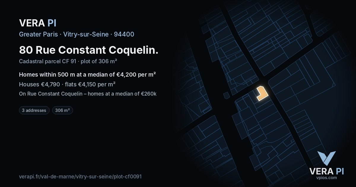 80 Rue Constant Coquelin, Vitry-sur-Seine at night – the plot lit, the parcels around coloured by the prices near them