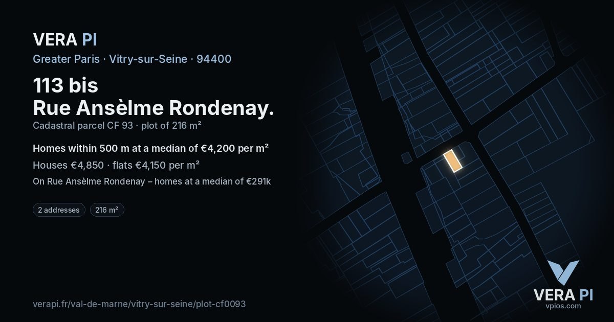 113 bis Rue Ansèlme Rondenay, Vitry-sur-Seine at night – the plot lit, the parcels around coloured by the prices near them
