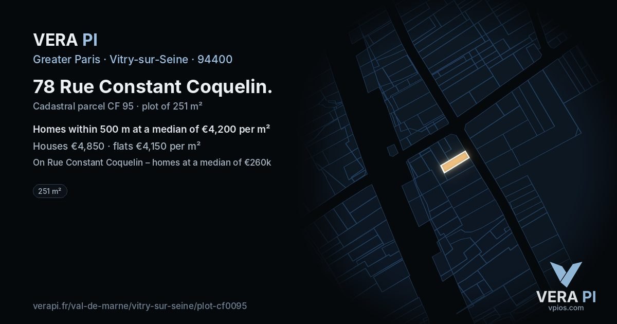 78 Rue Constant Coquelin, Vitry-sur-Seine at night – the plot lit, the parcels around coloured by the prices near them