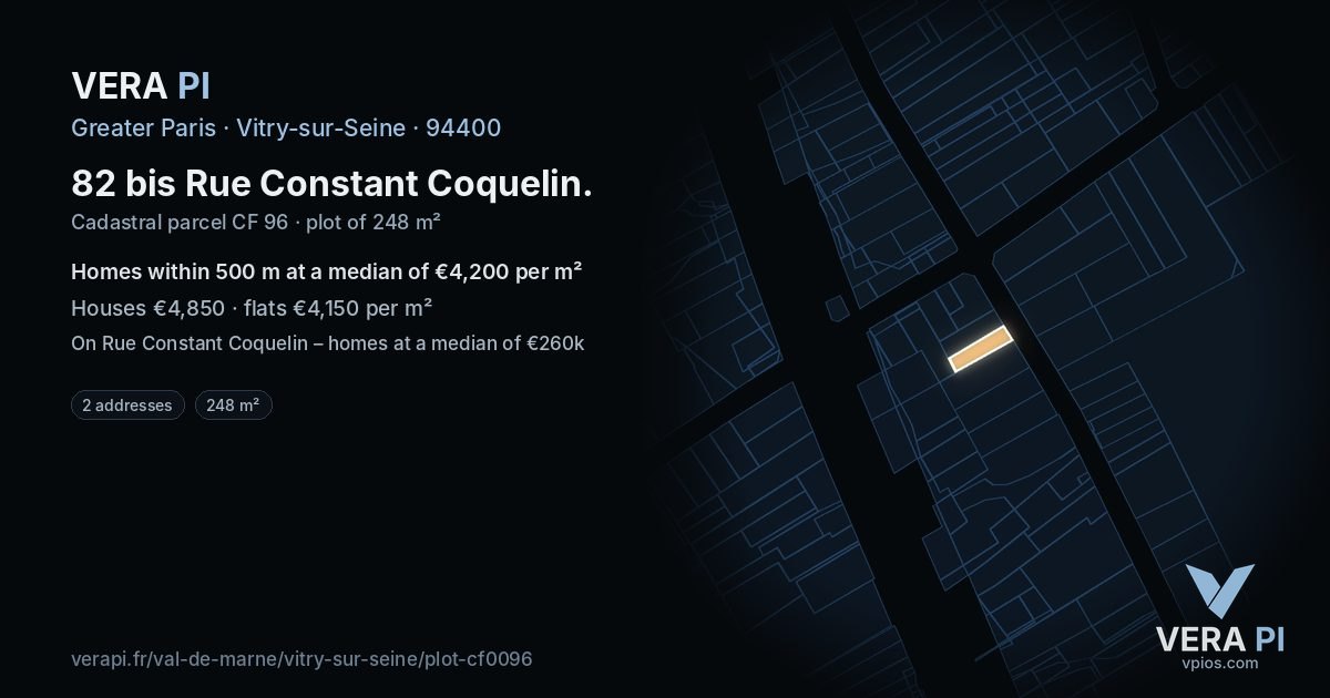 82 bis Rue Constant Coquelin, Vitry-sur-Seine at night – the plot lit, the parcels around coloured by the prices near them