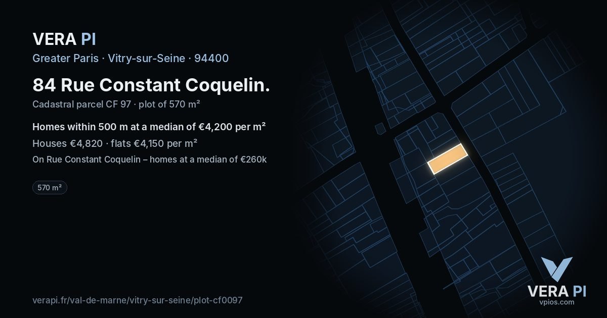 84 Rue Constant Coquelin, Vitry-sur-Seine at night – the plot lit, the parcels around coloured by the prices near them