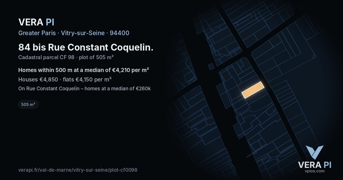 84 bis Rue Constant Coquelin, Vitry-sur-Seine at night – the plot lit, the parcels around coloured by the prices near them