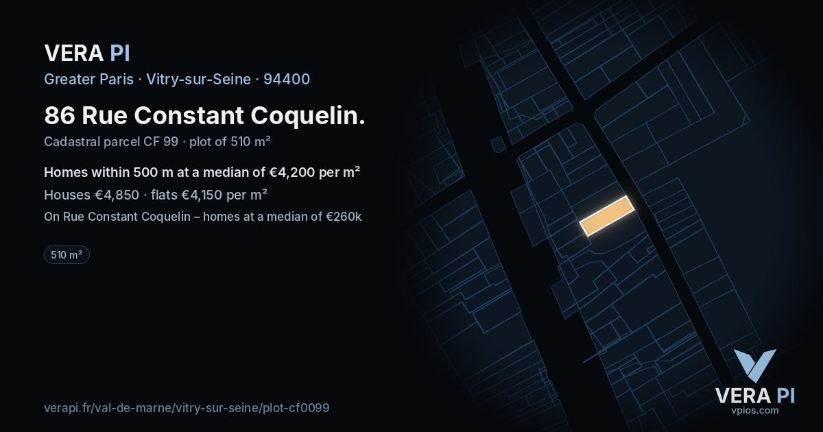 86 Rue Constant Coquelin, Vitry-sur-Seine at night – the plot lit, the parcels around coloured by the prices near them