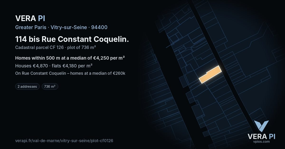 114 bis Rue Constant Coquelin, Vitry-sur-Seine at night – the plot lit, the parcels around coloured by the prices near them