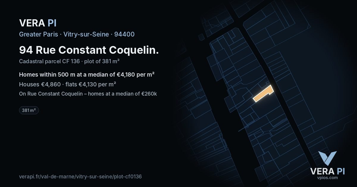 94 Rue Constant Coquelin, Vitry-sur-Seine at night – the plot lit, the parcels around coloured by the prices near them