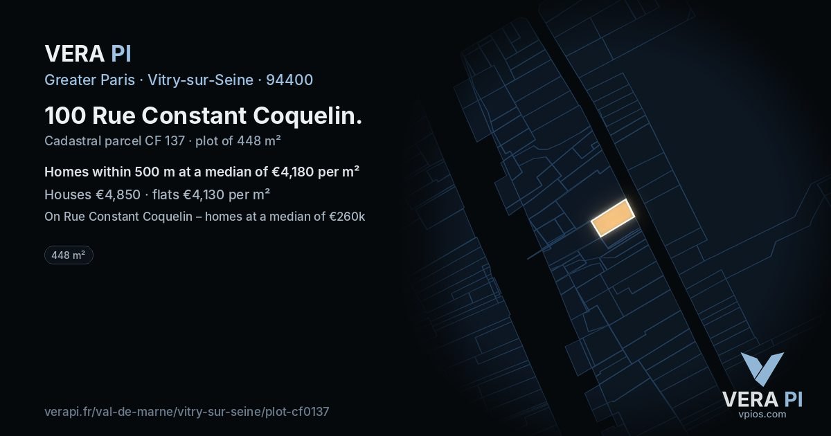 100 Rue Constant Coquelin, Vitry-sur-Seine at night – the plot lit, the parcels around coloured by the prices near them