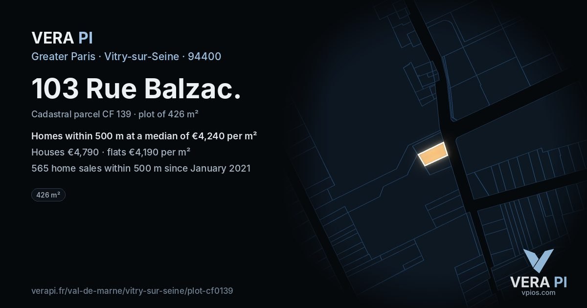 103 Rue Balzac, Vitry-sur-Seine at night – the plot lit, the parcels around coloured by the prices near them
