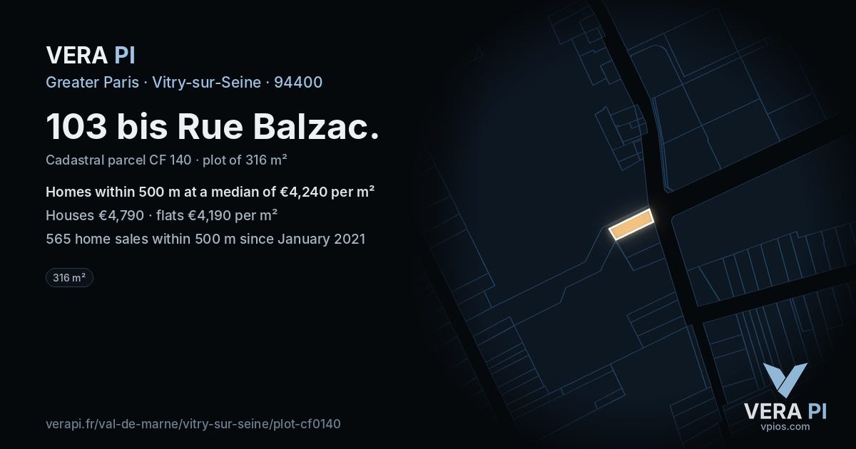 103 bis Rue Balzac, Vitry-sur-Seine at night – the plot lit, the parcels around coloured by the prices near them