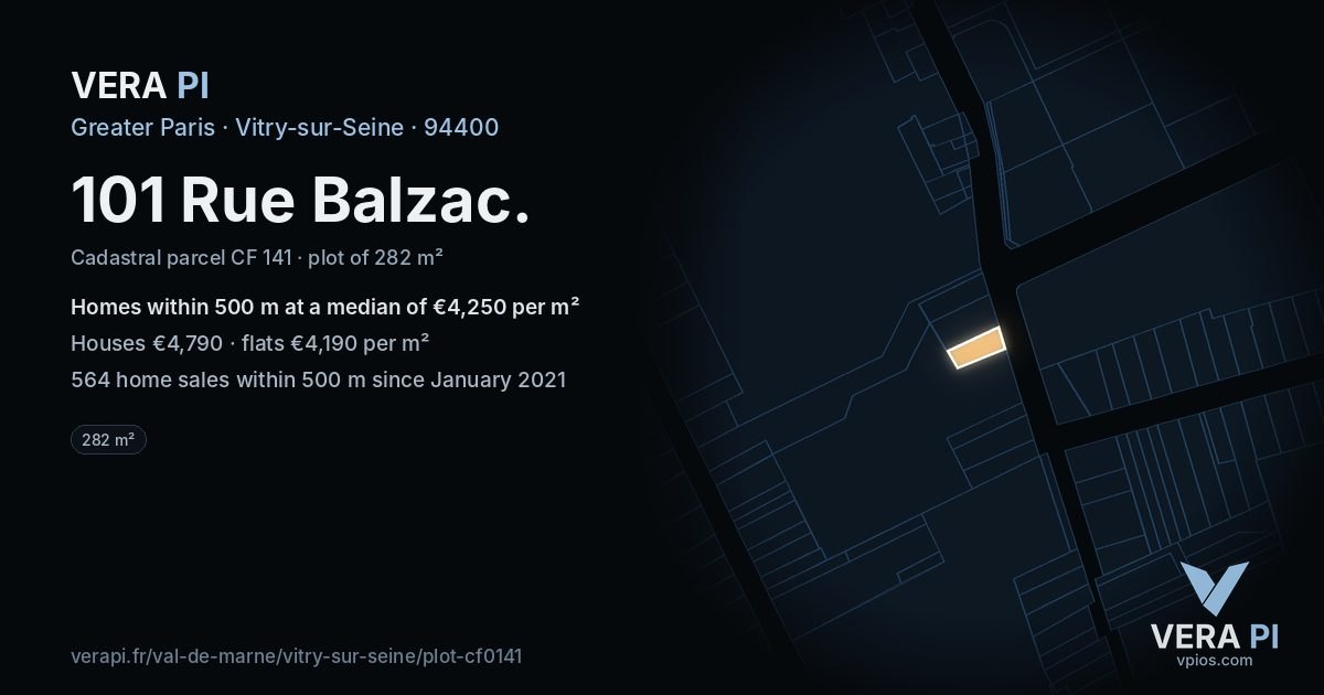 101 Rue Balzac, Vitry-sur-Seine at night – the plot lit, the parcels around coloured by the prices near them