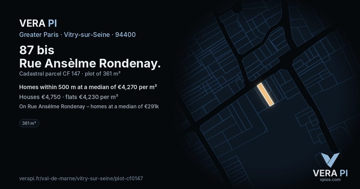 87 bis Rue Ansèlme Rondenay, Vitry-sur-Seine at night – the plot lit, the parcels around coloured by the prices near them