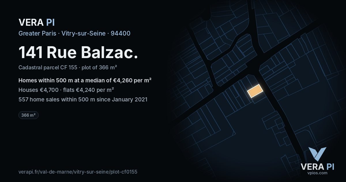141 Rue Balzac, Vitry-sur-Seine at night – the plot lit, the parcels around coloured by the prices near them