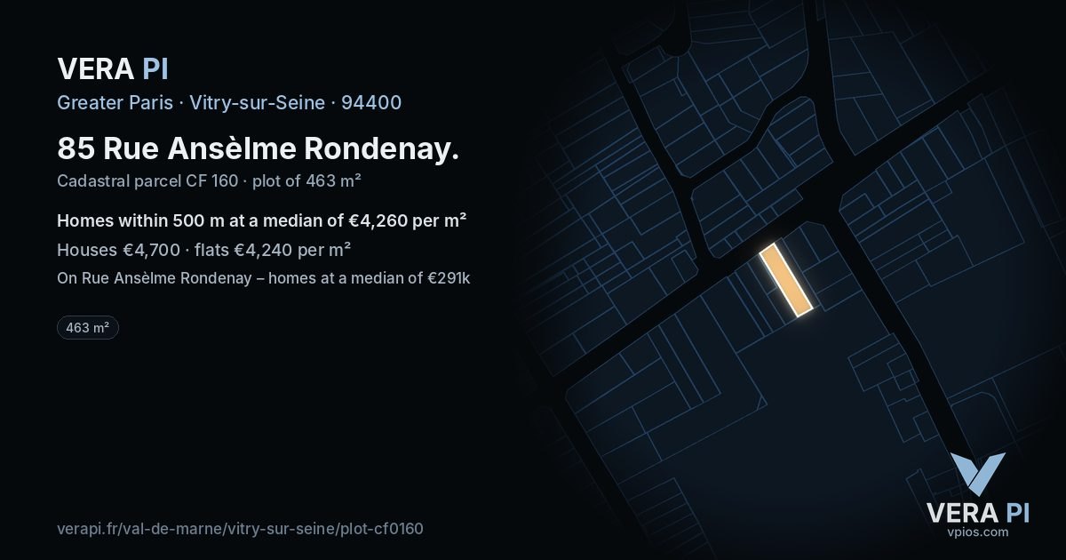 85 Rue Ansèlme Rondenay, Vitry-sur-Seine at night – the plot lit, the parcels around coloured by the prices near them