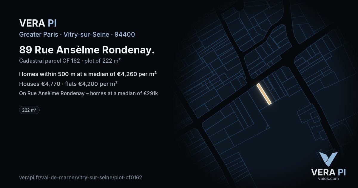 89 Rue Ansèlme Rondenay, Vitry-sur-Seine at night – the plot lit, the parcels around coloured by the prices near them